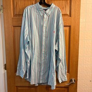 Ralph Lauren Shirt Mens 4XLT Teal Pink Blue Stripe Pony Cotton Button Up Preppy